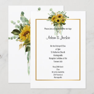SUNFLOWER EUCALYPTUS GOLD TRIM ELEGANT WEDDING INVITATION