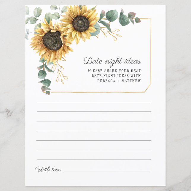 Sunflower Eucalyptus Green Date Night Ideas Card (Front)