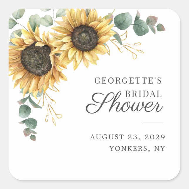 Sunflower Eucalyptus Greenery Floral Bridal Shower Square Sticker (Front)
