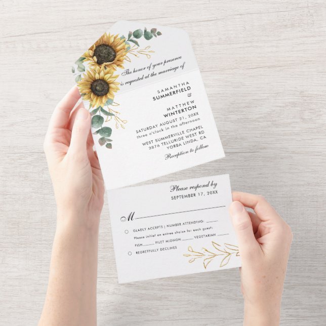 Sunflower Eucalyptus Greenery Floral Wedding All In One Invitation (Tearaway)