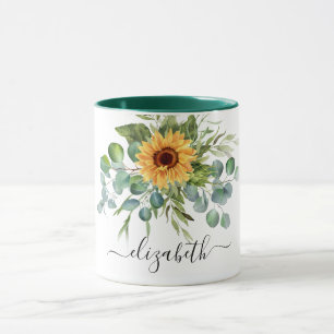 Sunflower eucalyptus greenery name script mug