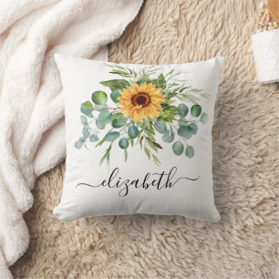Sunflower eucalyptus greenery name script throw pillow