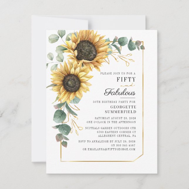 Sunflower Eucalyptus Greenery Script 50th Birthday Invitation (Front)