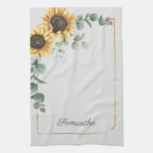 Sunflower Eucalyptus Greenery Script Personalized Kitchen Towel