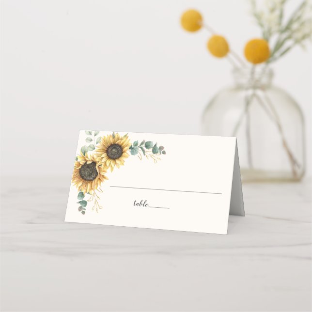 Sunflower Eucalyptus Greenery Script Wedding Table Place Card (Front)