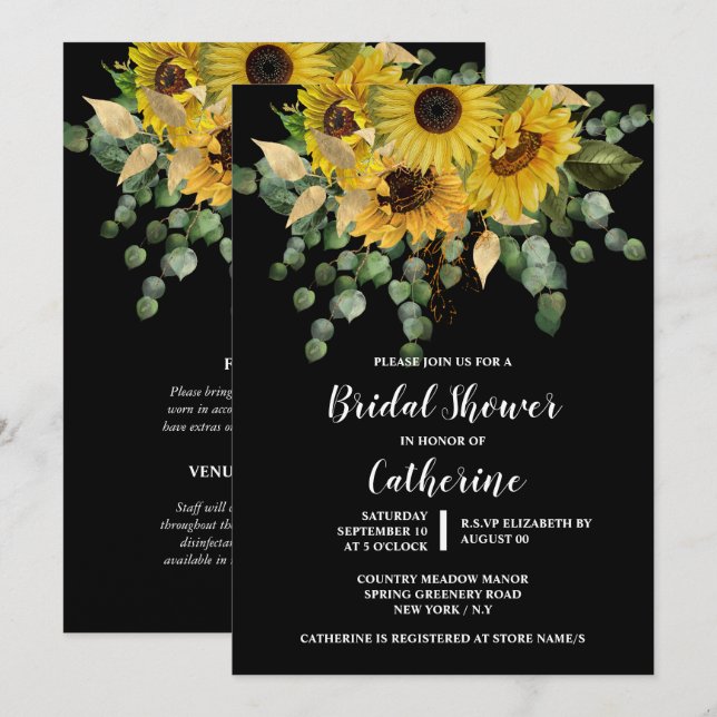Sunflower eucalyptus greenery watercolor flower invitation (Front/Back)