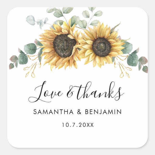 Sunflower Eucalyptus Greenery Wedding Thank You Square Sticker (Front)