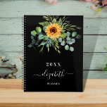 Sunflower eucalyptus greenry black name 2025 planner<br><div class="desc">A black background.  Decorated with sunflowers,  eucalyptus greenery.  Add a name,  text. The name is written with a modern hand lettered style script with swashes. 
To keep the swashes only delete the sample name,  leave the spaces or emoji's in front and after the name.</div>