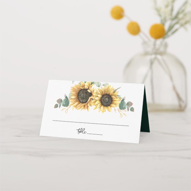 Sunflower Eucalyptus Names and Date Wedding Place Card (Front)