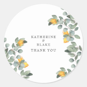 Sunflower & Eucalyptus Names Wedding Thank You Classic Round Sticker