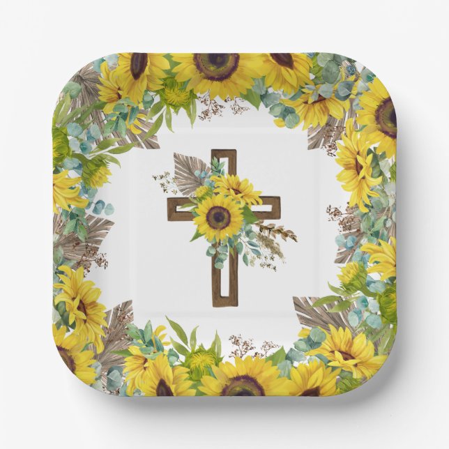 Sunflower Eucalyptus Palm Boho Square Baptism Paper Plate (Front)