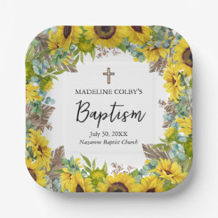 Sunflower Eucalyptus Palm Boho Square Baptism Paper Plate