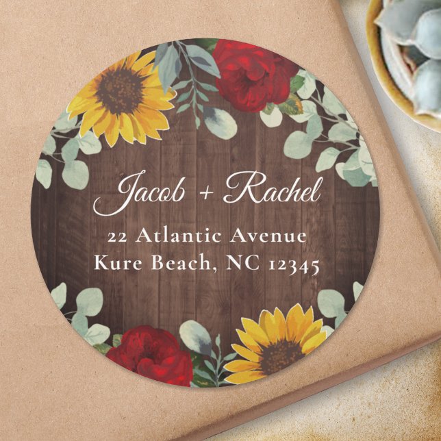 Sunflower Eucalyptus Red Rose Wood Wedding Classic Round Sticker (Creator Uploaded)