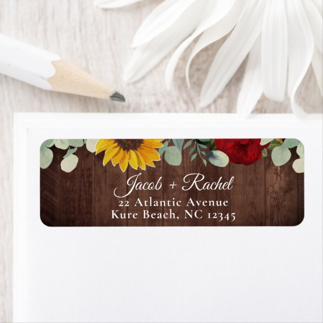 Sunflower Eucalyptus Rose rouge Mariage Adresse (En situation)