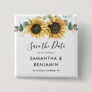 Sunflower Eucalyptus Script Wedding Save the Date 2 Inch Square Button
