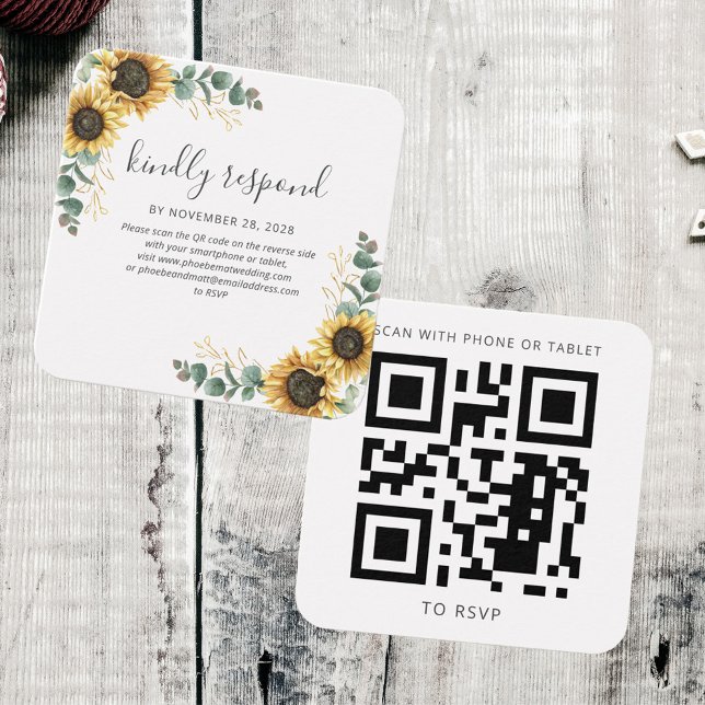 Sunflower Eucalyptus Site Mariage QR Code RSVP (Sunflower Eucalyptus Greenery Square RSVP with QR Code Card)
