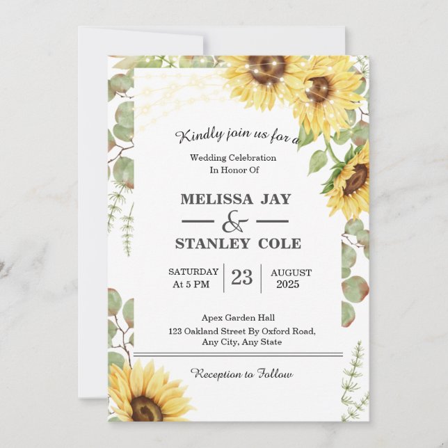 Sunflower Eucalyptus String Lights Wedding Invitation (Front)
