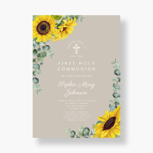 Sunflower Eucalyptus Taupe Cross First Communion Invitation