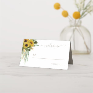Sunflower Eucalyptus Taupe Fall Wedding Place Card