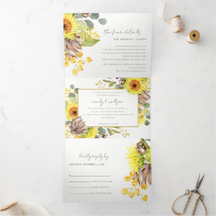 SUNFLOWER EUCALYPTUS WATERCOLOR FLORAL WEDDING Tri-Fold INVITATION