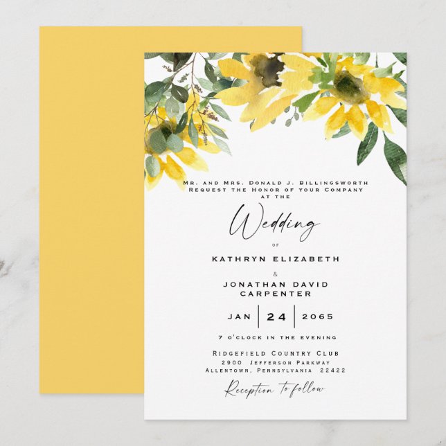 Sunflower Eucalyptus Watercolor & Yellow Invitation (Front/Back)