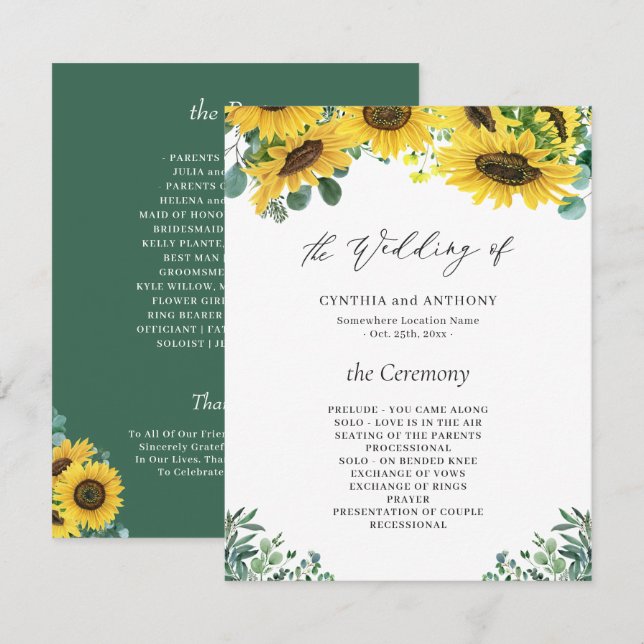 Sunflower Eucalyptus Wedding Ceremony Program (Front/Back)