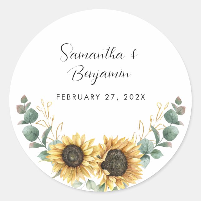 Sunflower Eucalyptus Wedding Favour Classic Round Sticker (Front)