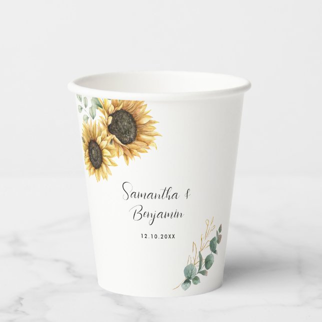 Sunflower Eucalyptus Wedding Party Paper Cups (Front)