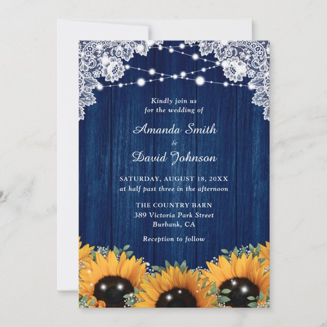 Sunflower Eucalyptus Wood Lace Navy Blue Wedding Invitation (Front)