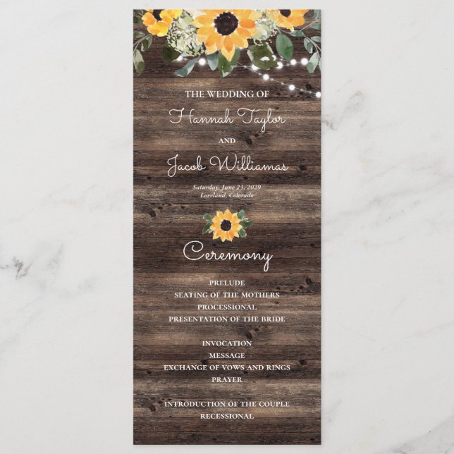 Sunflower Eucalyptus Wood Wedding Program (Front)