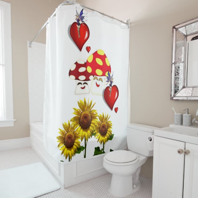 Sunflower Fairy Mushroom Shower Curtain (In Situ)