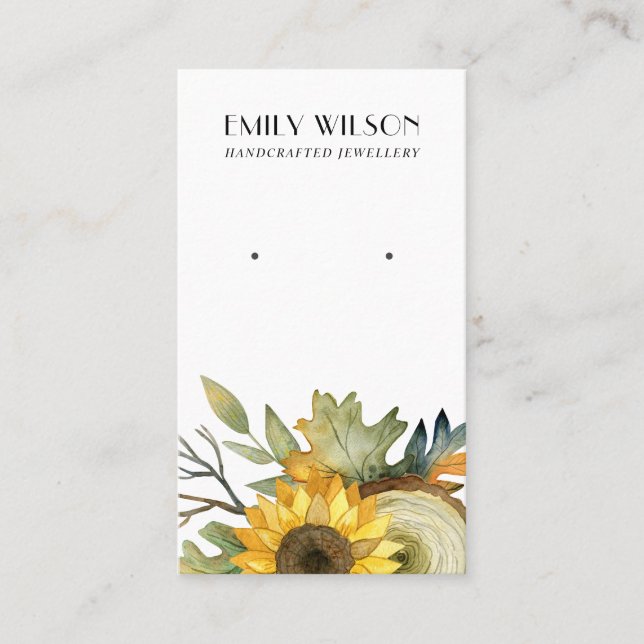 SUNFLOWER FALL AUTUMN WOOD STUD EARRING DISPLAY BUSINESS CARD (Front)
