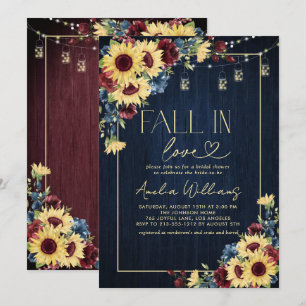 Sunflower Fall in Love Navy Watercolor Floral Invitation