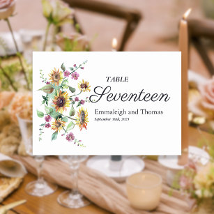 Sunflower Fall Watercolor Floral Wedding Table Number