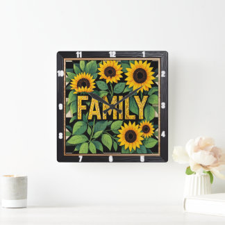 Sunflower Family Rustic Text Design Square Wall Clock