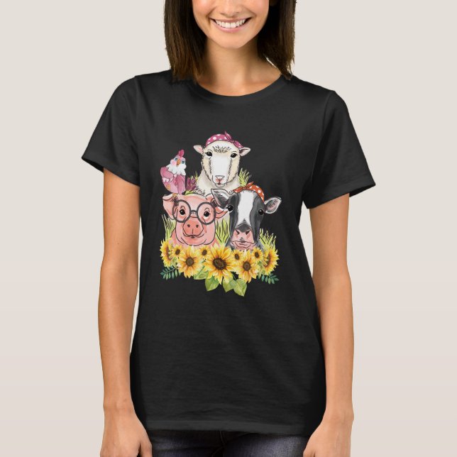 Sunflower Farm Animals Chicken Sheep Cow Pig T-Shirt (Front)