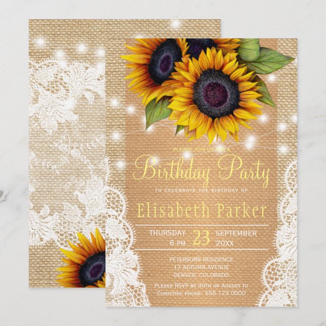 Sunflower farmhouse burlap and lace birthday party invitation (Front/Back)