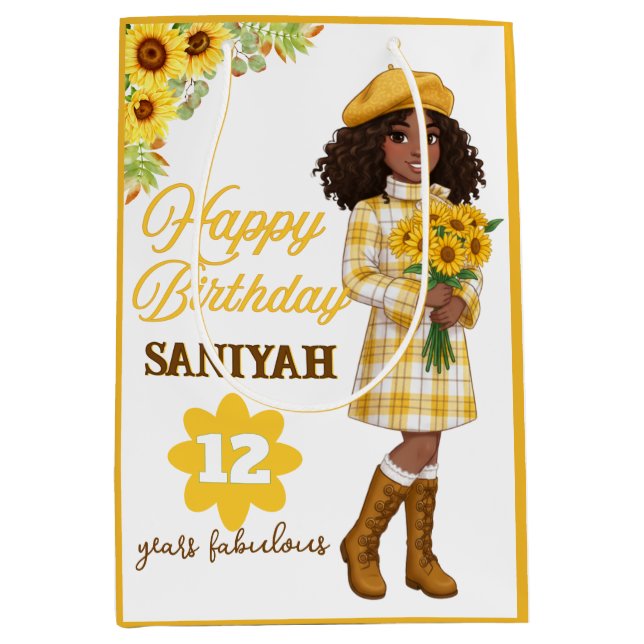 Sunflower Fashion Girl Yellow Plaid Birthday Medium Gift Bag (Front)
