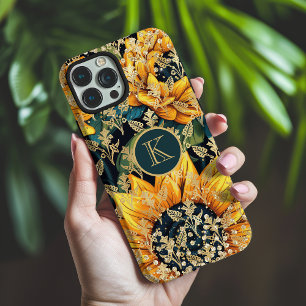 Sunflower Faux Gold Glitter Monogram Floral iPhone 16 Pro Max Case