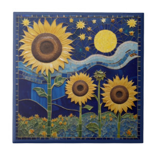 Sunflower Faux Mosaic Yellow Sunflowers Navy Blue Tile
