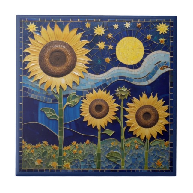 Sunflower Faux Mosaic Yellow Sunflowers Navy Blue Tile (Front)