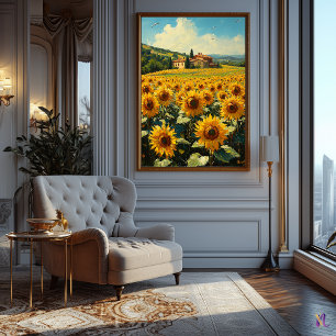 Sunflower Field and Tuscan Cottage Impressionism Poster