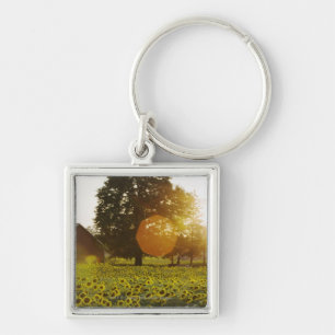 Sunflower Field At Sunset With A Barn Keychain