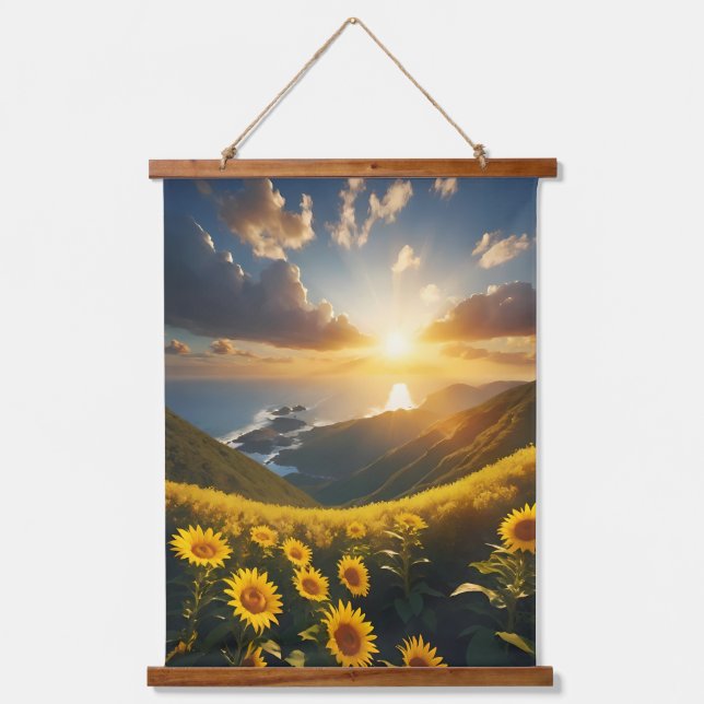 Sunflower Field Blue Sky Shimmering Sun Ocean Hanging Tapestry (Front)