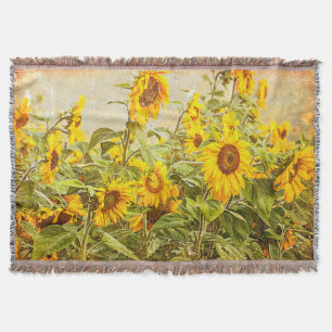 Sunflower Field Green Yellow Vintage Country Art Throw Blanket