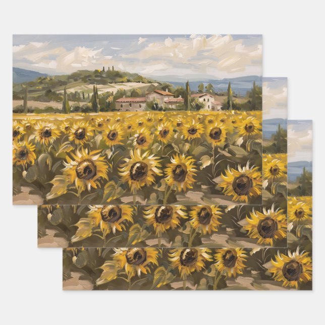 Sunflower Field Impressionist Painting Decoupage Wrapping Paper Sheet (Set)