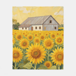 Sunflower Field Rustic Barn Landscape Fleece Blanket