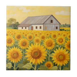 Sunflower Field Rustic Barn Landscape Tile