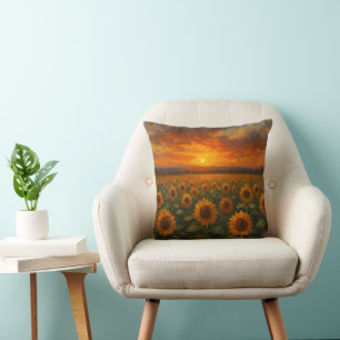 Sunflower Field Sunset Throw Pillow