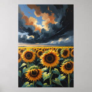 Sunflower Field Under Dramatic Sky Landscape Paint Poster